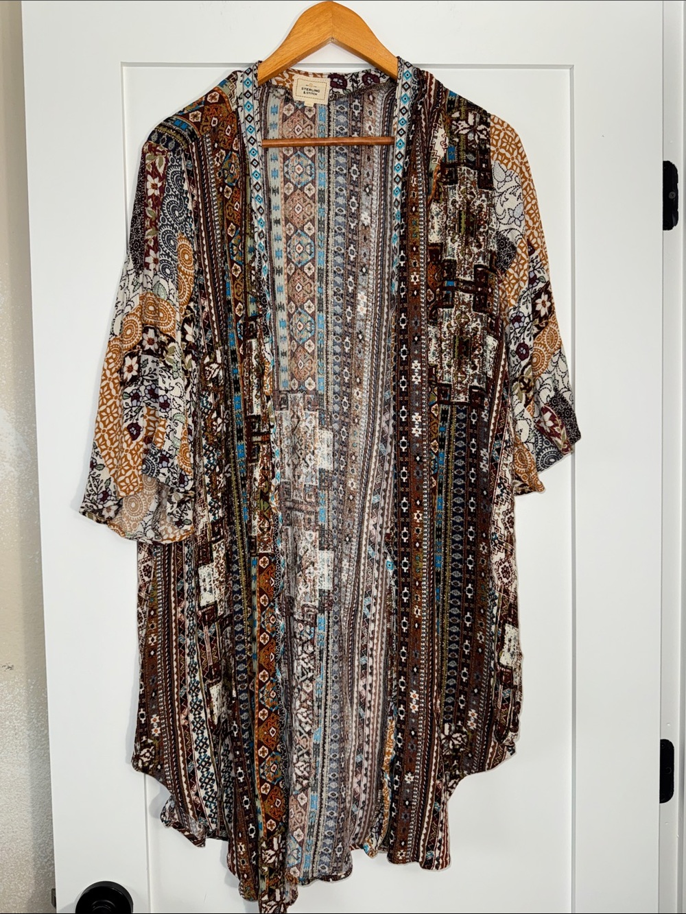 Sterling & Stitch Boho Printed Kimono Cardigan — Brown, Turquoise & Cream Sz MD
